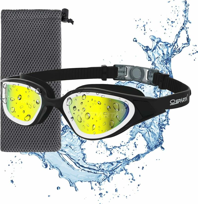 Gafas De Protección  | Gafas De Natación De Gran Visión, Antiempañante, Claras, Sin Fugas, Con Protección Uv, Gafas De Natación Para Hombres Y Adultos. Gafas De Protección 4. Marco negro, espejo de lente completa dorado