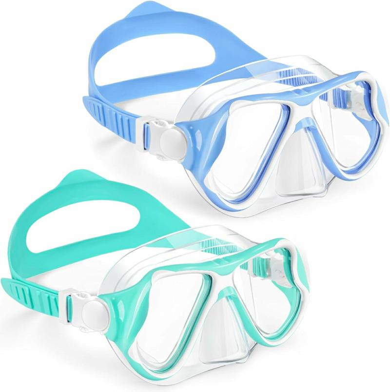 Gafas De Protección  | Paquete De 2 Gafas De Natación Para Niños, Máscara De Buceo Para Jóvenes De 3 A 14 Años, Lente De Vidrio Templado Con Visión Hd De 180° Y Cubierta Para La Nariz, Ideal Para Piscina Y Playa. Gafas De Protección Azul y cian