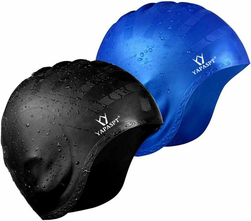 Gorros De Natación  | 2 Paquete De Gorras De Natación Con Cubierta Para Orejas Para Cabello Largo, Gorro De Natación De Silicona Al 1% Para Adultos Y Niños Unisex, Reduce La Entrada De Agua Y Mantiene Tu Cabello Limpio (Negro Y Azul) Gorros De Natación Gorros De Natación