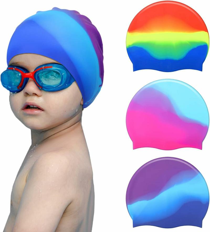 Gorros De Natación  | 3 Piezas De Gorras De Baño Para Niños Gorras De Natación De Silicona Para Niños Y Niñas (Edad 4-12) Gorras De Baño Impermeables De Dibujos Animados Para Cabello Largo Y Corto (Estilo Arcoíris) Gorros De Natación Gorros De Natación