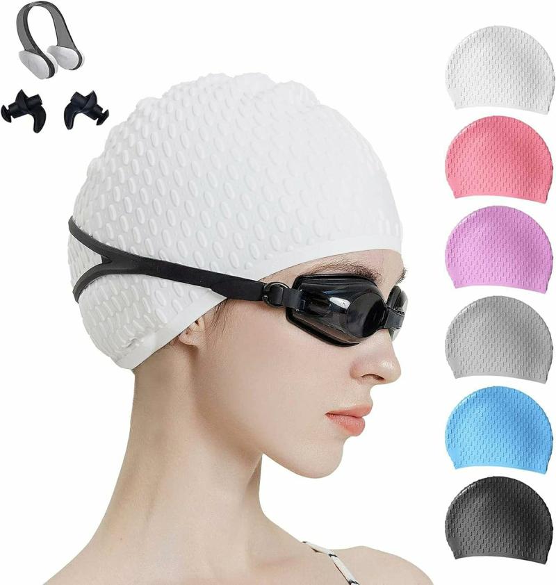 Gorros De Natación  | Gorro De Natación De Silicona, Gorro De Baño Cómodo Ideal Para Cabello Rizado Corto, Medio Y Largo, Gorro De Natación Para Mujeres Y Hombres, Gorras De Ducha Que Mantienen El Peinado Sin Cambios Gorros De Natación gorro de natación-blanco-tapón para los oídos