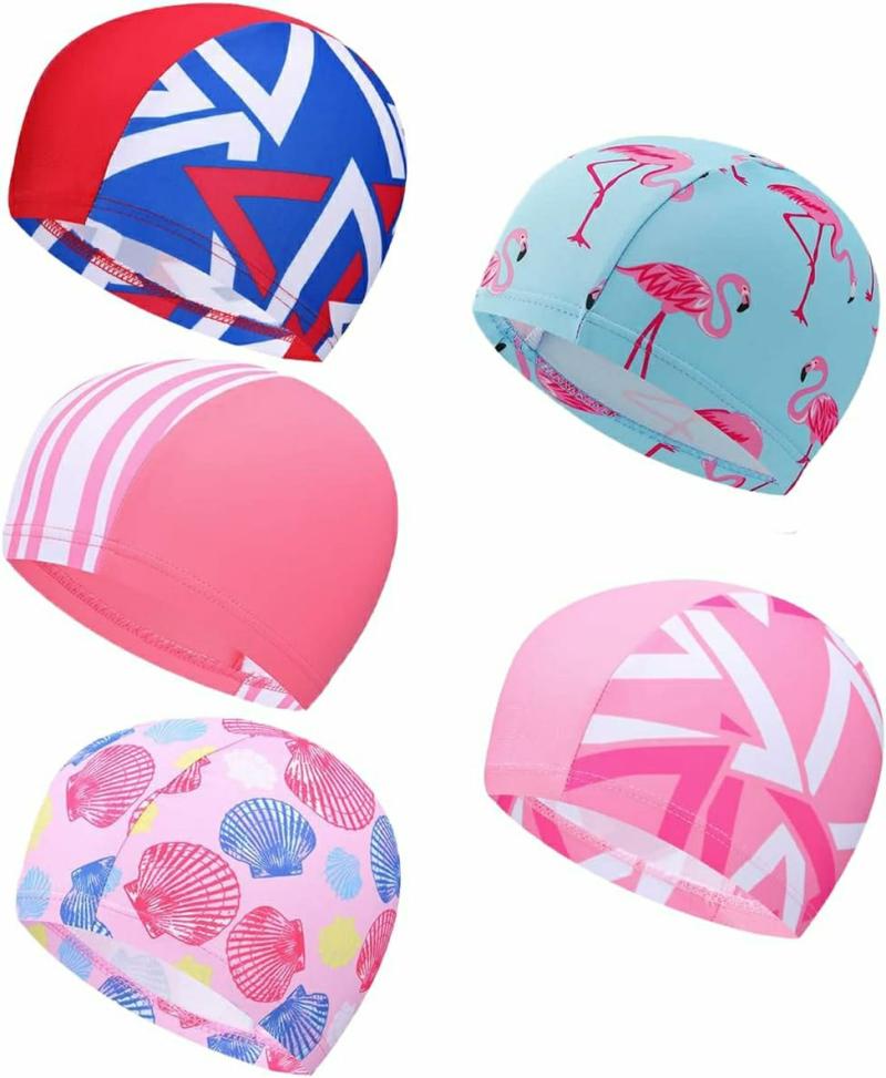 Gorros De Natación  | Gorro De Natación Para Niños, 5 Piezas Gorro De Natación Infantil Con Diseño De Dibujos Animados, Ideal Para Niños Y Niñas Con Cabello Largo Y Corto, Disponible En Múltiples Colores. Gorros De Natación Gorros De Natación