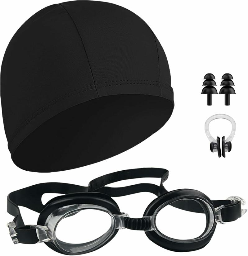 Gorros De Natación  | Gorros De Natación De Tela Con Gafas, Pinza Para La Nariz, Tapones Para Los Oídos Y Estuche, Adecuados Para Hombres Y Niños. Gorros De Natación Gorros De Natación