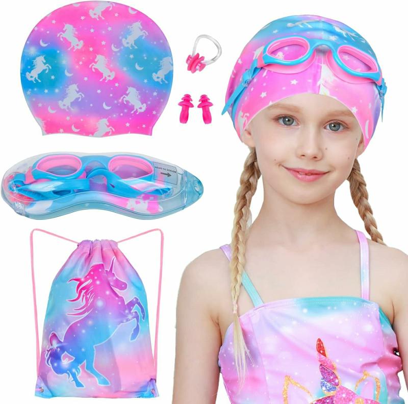 Gorros De Natación  | Gorros De Natación Para Niñas Con Cabello Largo Y Corto, Gorro De Silicona Impermeable Para Niños, Bebés Y Adolescentes Con Gafas De Natación Y Bolsa De Natación Para Niñas Y Niños (Edad 6-12) Gorros De Natación Gorros De Natación