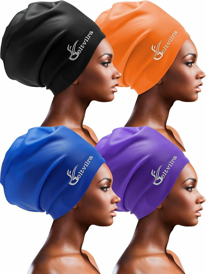 Gorros De Natación  | Pack De 4 Gorras De Baño De Silicona Extra Grandes Para Trenzas Y Dreadlocks Para Hombres Negros Con Cabello Largo, Impermeables Para La Piscina Gorros De Natación Gorros De Natación