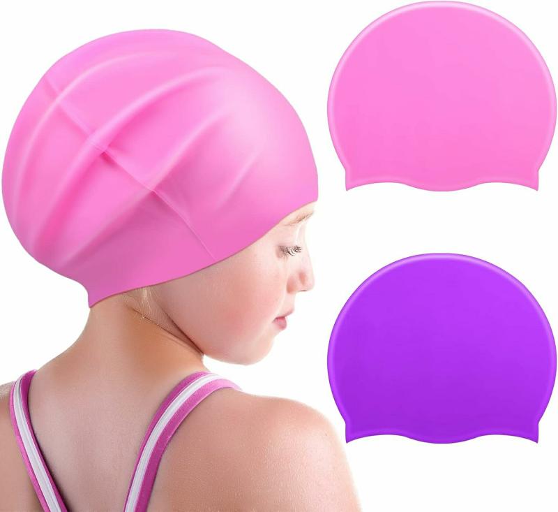 Gorros De Natación  | Paquete De 2 Gorras De Baño Para Niños Grandes, Gorro De Silicona Impermeable Para Cabello Largo, Ideal Para Trenzas Largas, Dreadlocks Y Cabello Rizado Y Esponjoso De Niñas Y Niños, Edad 4-8. Gorros De Natación Gorros De Natación