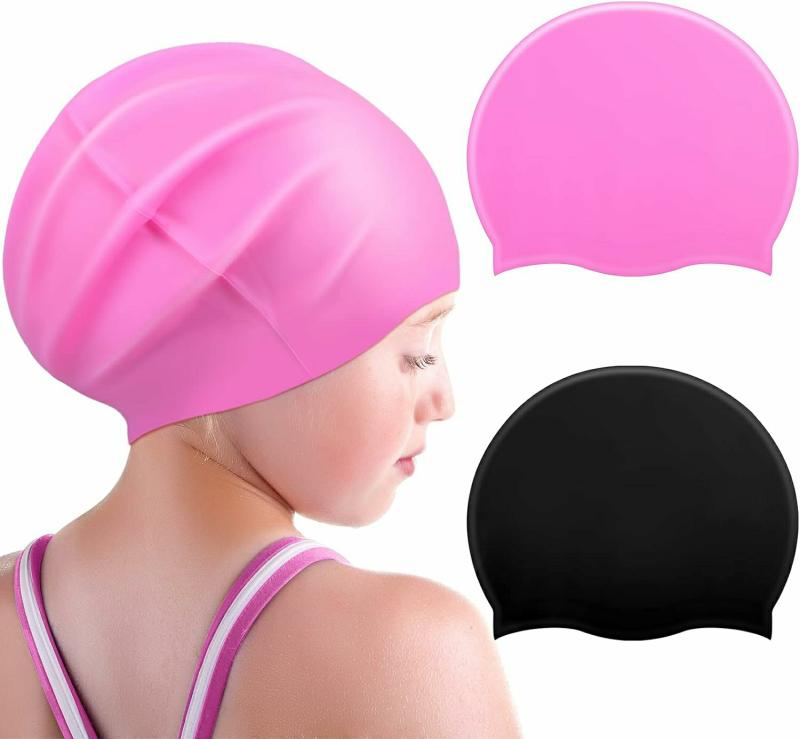 Gorros De Natación  | Paquete De 2 Gorras De Baño Para Niños Grandes, Gorro De Silicona Impermeable Para Cabello Largo, Ideal Para Trenzas Largas, Dreadlocks Y Cabello Rizado Y Esponjoso Para Niñas Y Niños Pequeños. Gorros De Natación Gorros De Natación