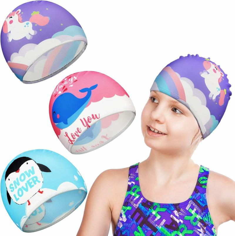 Gorros De Natación  | Paquete De 3 Gorras De Baño Para Niños, Gorras De Natación Para Niñas, Gorras De Natación De Dibujos Animados Para Niños, Gorras De Baño Para Niños Con Cabello Largo Y Corto. Gorros De Natación Gorros De Natación